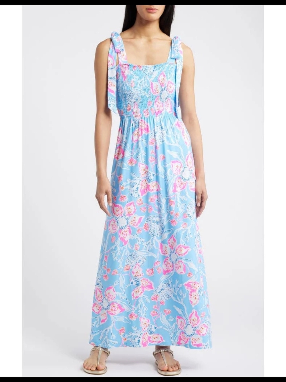 Lilly Pulitzer Light Blue Floral Smocked Maxi Dress with Pink Accents